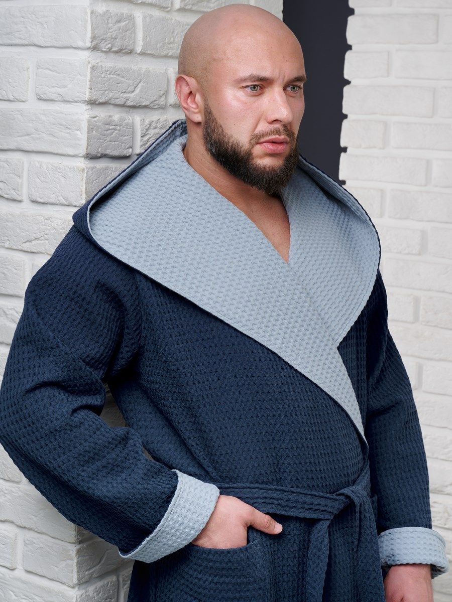 снимок Халат вафельный с капюшоном, два цвета, темно-синий от магазина BIO-TEXTILES ОПТ