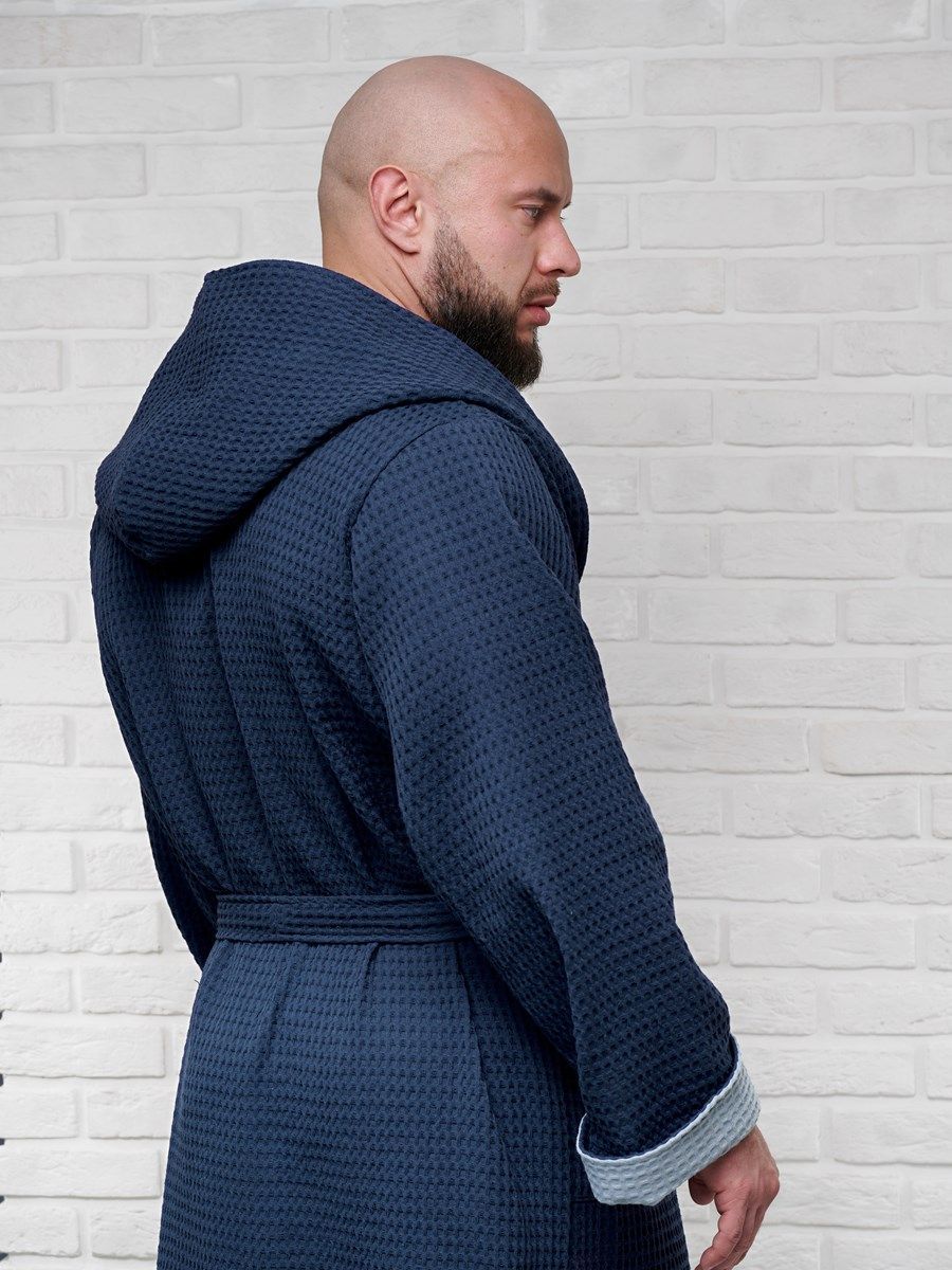 снимок Халат вафельный с капюшоном, два цвета, темно-синий от магазина BIO-TEXTILES ОПТ