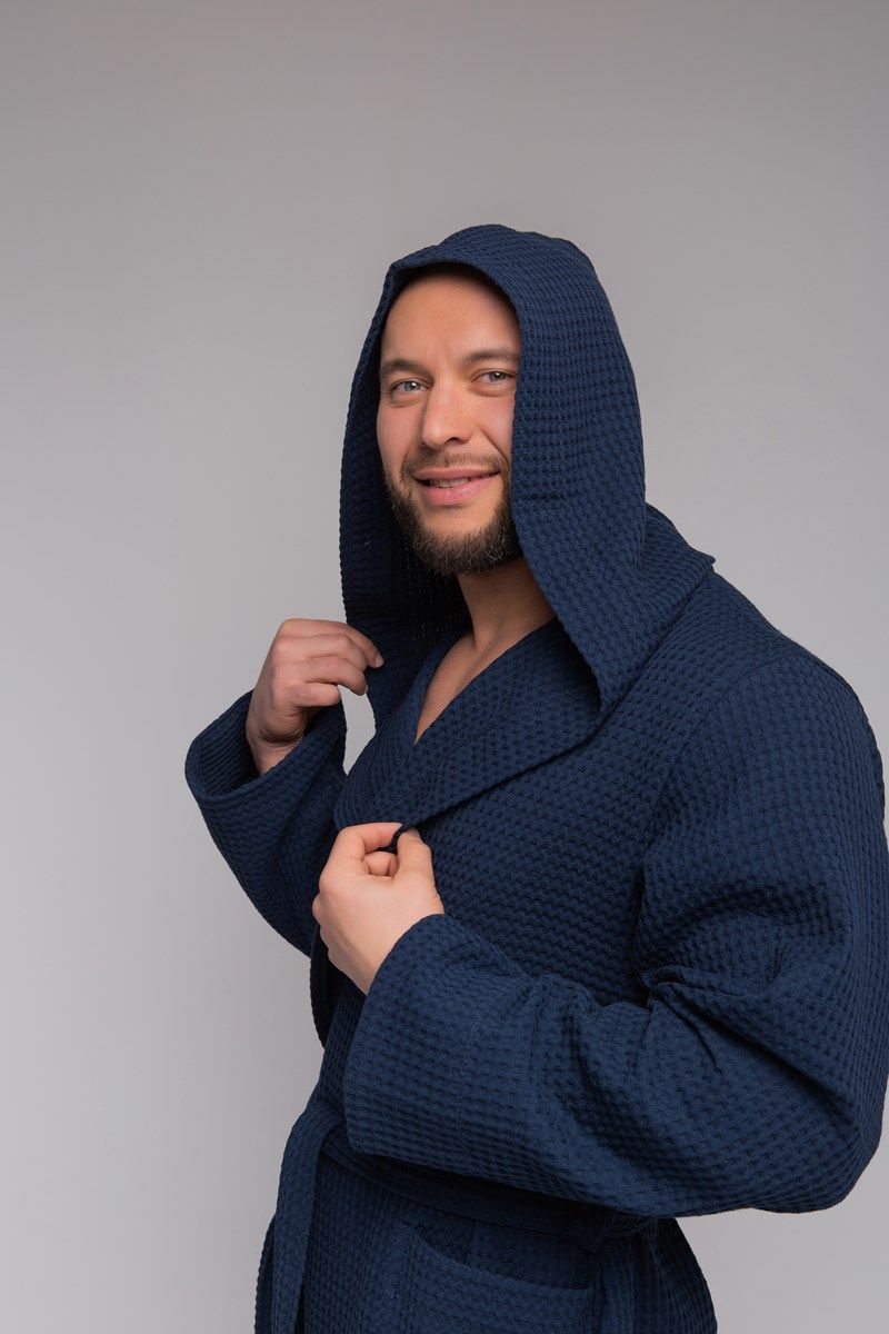 снимок Халат вафельный PandaHug Оrlando синий с капюшоном от магазина BIO-TEXTILES ОПТ